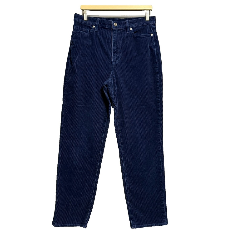 Lands End Corduroy Pants Women 12 Tall Blue High Rise Straight Leg Dark Academia